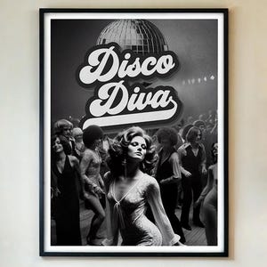 Poster Disco Diva, stampa artistica da parete vintage anni '70, foto di una palla da discoteca retrò, decorazione funky per feste in casa, con/senza cornice