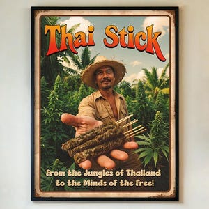 Thai Stick Cannabis Poster – Retro 60s 70s Weed Art Print Featuring Vintage Marijuana Farmer, Psychedelic 420 Pot Decor, FRAMED/UNFRAMED