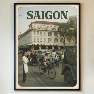 Saigon Street Scene Poster – Vietnam War Era Wall Art Print, Retro Ho Chi Minh City, Ao Dai Dress, Vintage Asian Decor, FRAMED/UNFRAMED