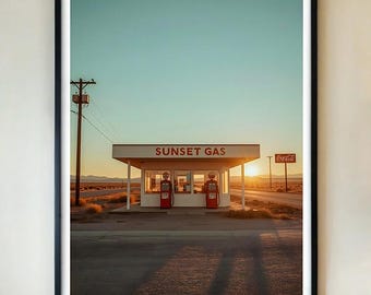 Sunset Gas Station Retro Poster – Vintage Route 66 Wall Art Print, Southwestern Desert Photography, Americana Road Trip, FRAMED/UNFRAMED