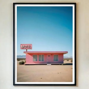 Pink Motel Photography Print – Retro Desert Poster, Vintage Americana Wall Art, Midcentury Road Trip, Minimal Home Decor – FRAMED/UNFRAMED