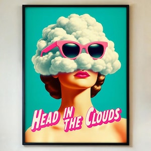 Póster "Cabeza en las Nubes": Impresión artística de pared de mujer surrealista retro, decoración estética pop vintage, arte de ensueño para dormitorio en rosa y verde azulado, con o sin marco.
