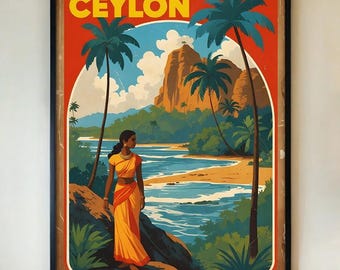 Ceylon Travel Poster – Vintage Sri Lanka Wall Art Print, Retro Tropical Island Landscape Decor, Exotic Beach Adventure Style FRAMED/UNFRAMED