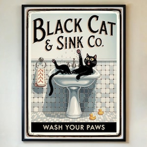 Póster "Lávate las Patas" de gato negro, divertido arte de pared para baño, impresión retro vintage de gato para lavandería o cocina, con o sin marco.
