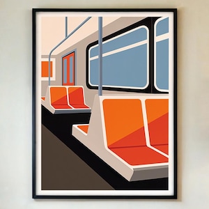 New York Subway Poster, Retro Train Wall Art, Vintage NYC Metro Car Print, Bold Orange Seat Decor, Minimalist Urban Art, FRAMED/UNFRAMED