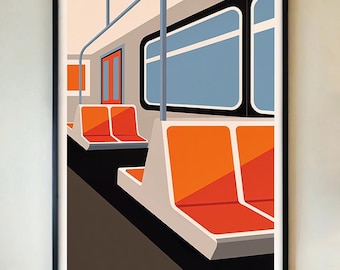 New York Subway poster, retro trein kunst aan de muur, vintage NYC metro auto print, vet oranje stoel decor, minimalistische stadskunst, INGELIJST/INGElijst