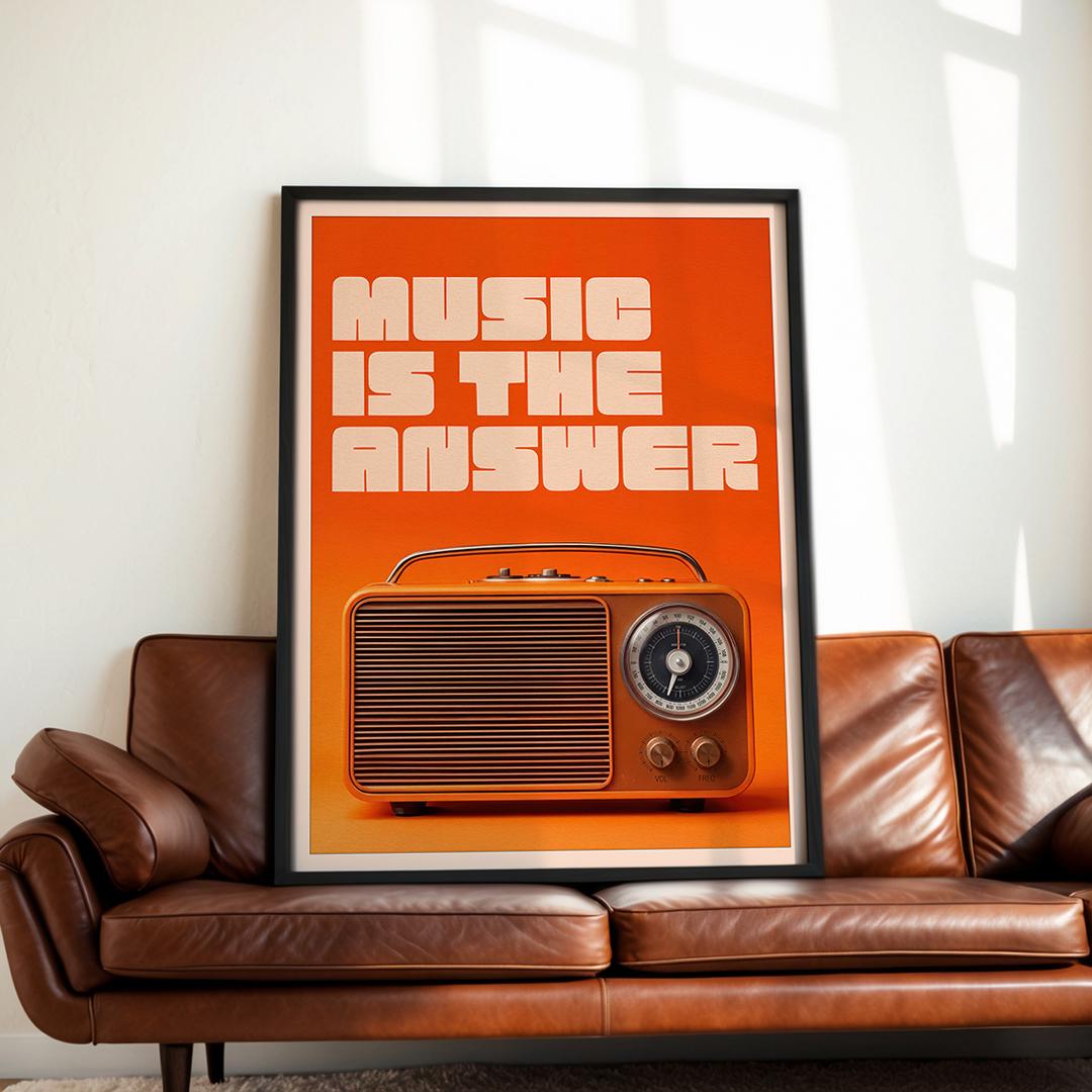 Music is the Answer Poster - Retro 70s FM Radio Wall Art, Bold Orange ...