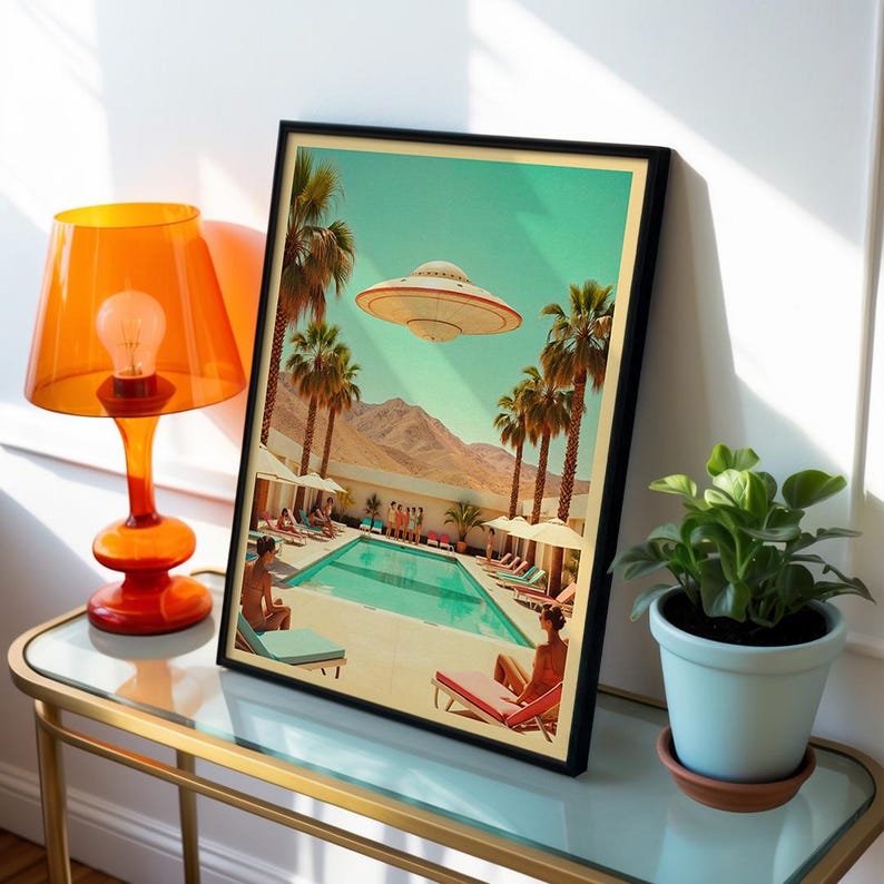 Retro UFO Pool Party Poster – Vintage Sci-fi Wall Art Print, Palm ...