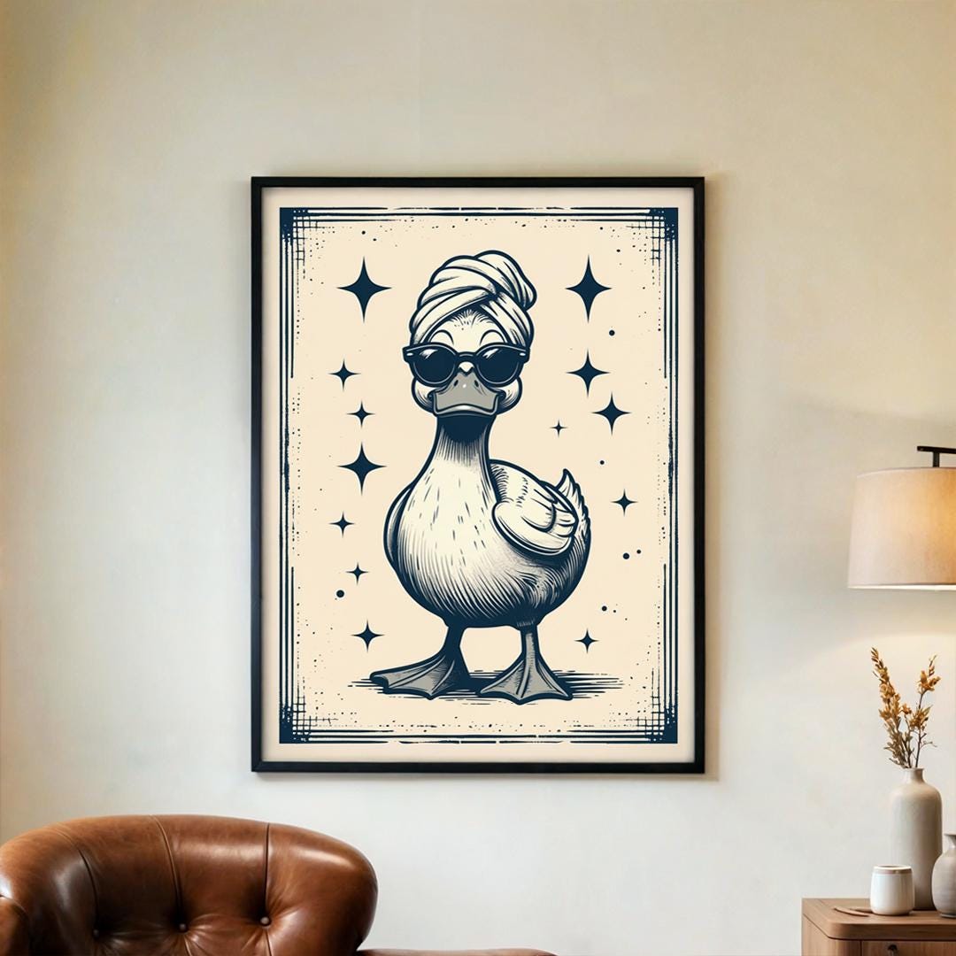 Funny Duck Poster – Trendy Bathroom Wall Art, Retro Animal Towel Print ...