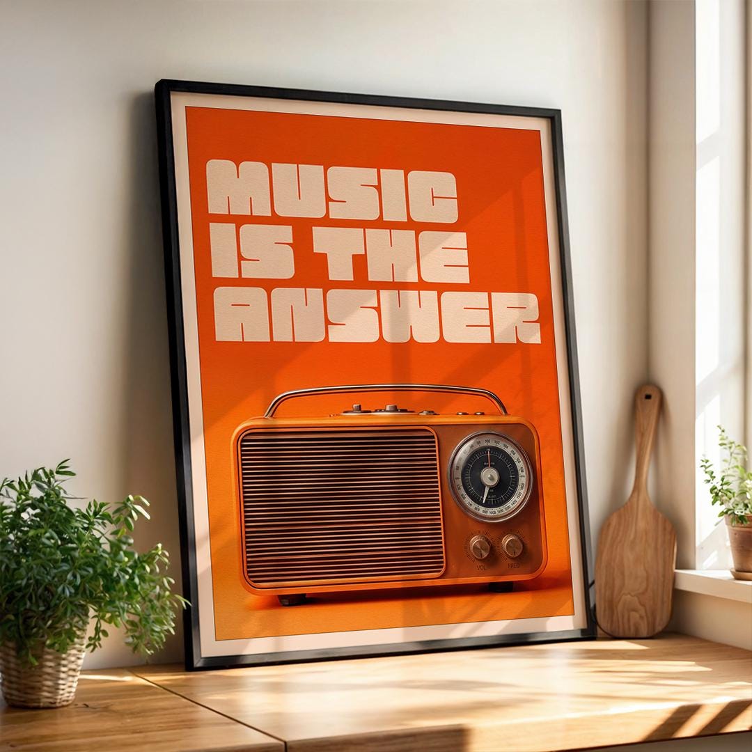 Music is the Answer Poster - Retro 70s FM Radio Wall Art, Bold Orange ...