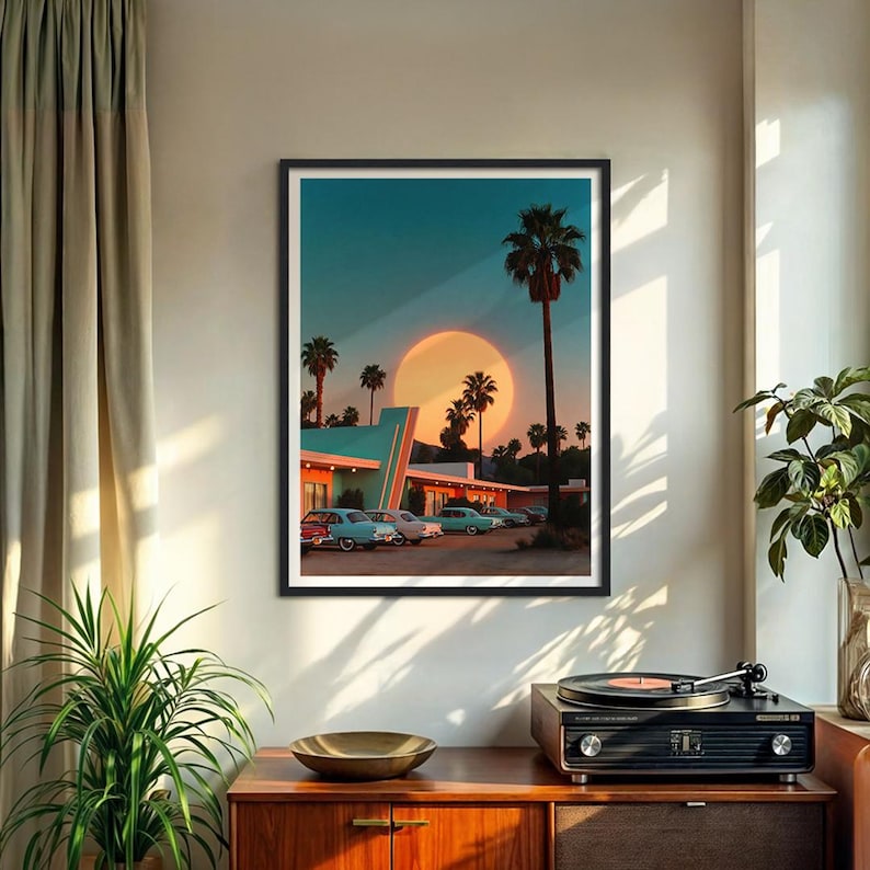 May include: A framed art print depicting a retro motel scene at sunset. The artwork features a large sun, palm trees, and vintage cars parked in front of the motel. The color palette includes teal, orange, and a gradient sky.