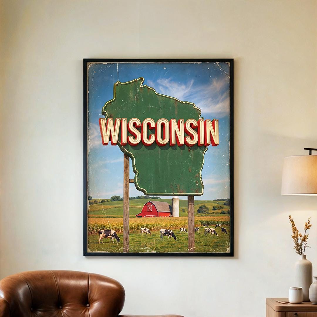 Wisconsin Poster – Vintage State Map Sign Art, Retro Farmhouse ...