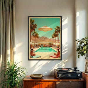 Retro UFO Pool Party Poster – Vintage Sci-fi Wall Art Print, Palm ...