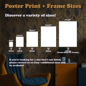 May include: Image showing poster print sizes, including 6x8 inches, 12x16 inches, 18x24 inches, 24x32 inches, and 30x40 inches. The text reads "Poster Print + Frame Sizes" and "Discover a variety of sizes!"