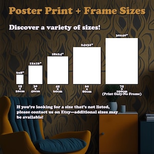 Op de afbeelding: Afbeelding met poster- en frameformaten: 15x20cm, 30x40cm, 45x60cm, 60x80cm en 75x100cm. Tekst moedigt klanten aan om te informeren naar extra formaten. De afbeelding bevat ook de afmetingen in inches.