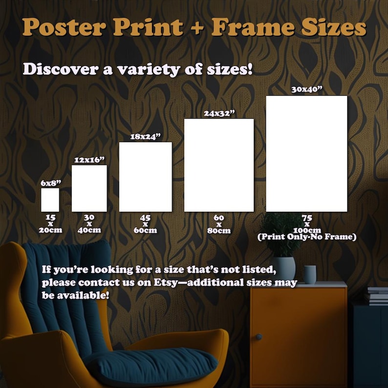 Op de afbeelding: Afbeelding met poster- en frameformaten: 15x20cm, 30x40cm, 45x60cm, 60x80cm en 75x100cm. Tekst moedigt klanten aan om te informeren naar extra formaten. De afbeelding bevat ook de afmetingen in inches.