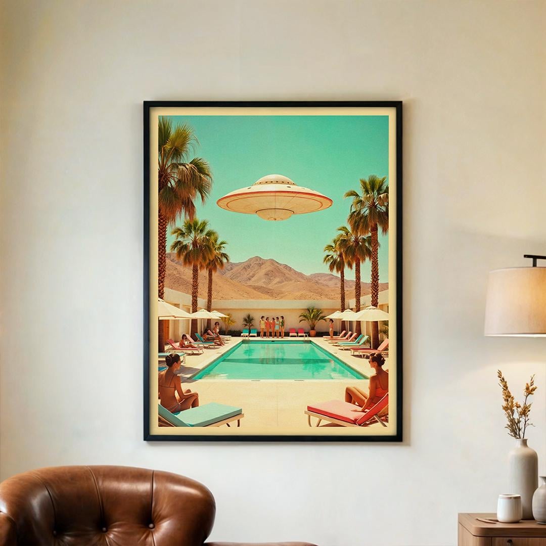 Retro UFO Pool Party Poster – Vintage Sci-fi Wall Art Print, Palm ...