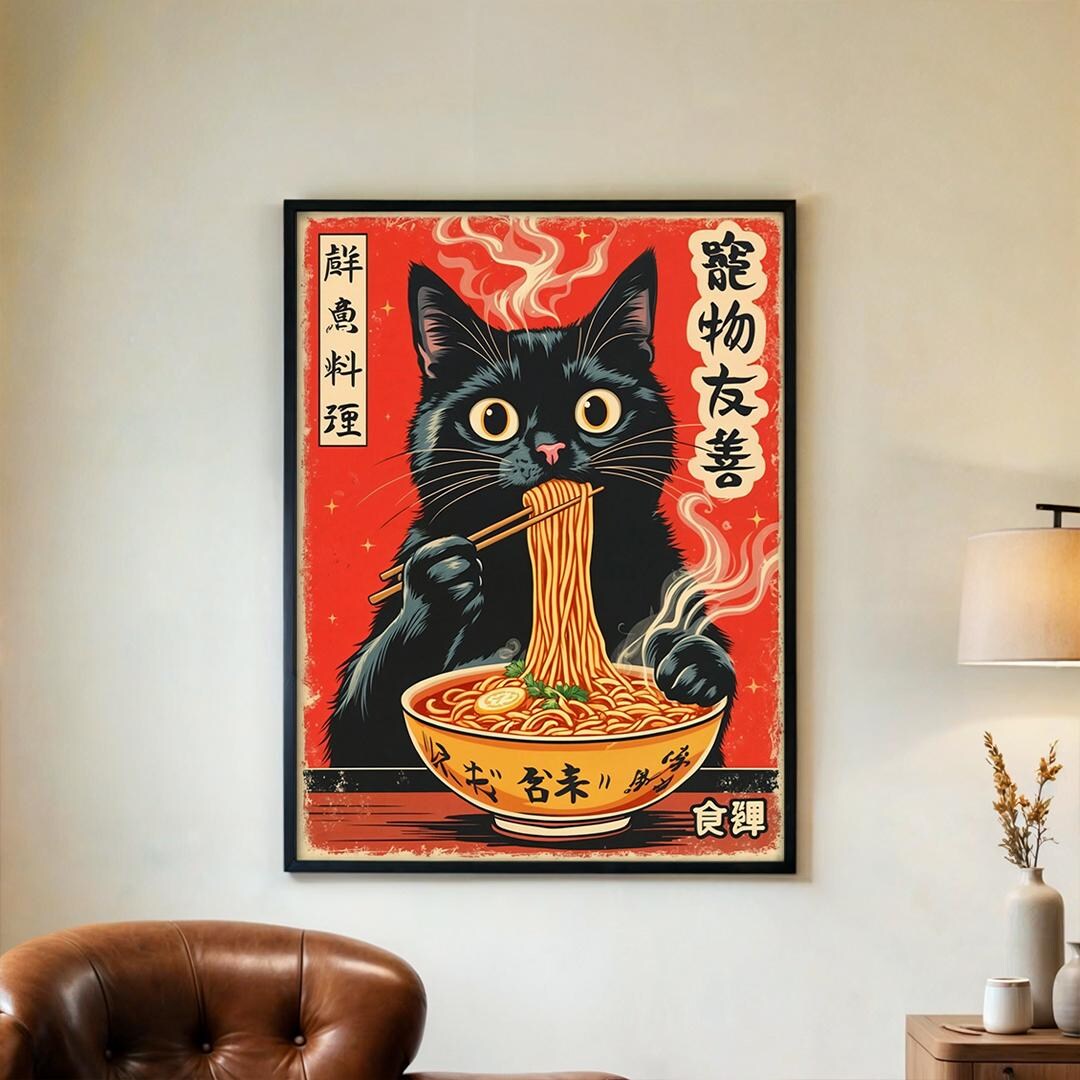 Cat Eating Ramen Poster - Vintage Japanese Wall Art, Black Kitty Noodle ...