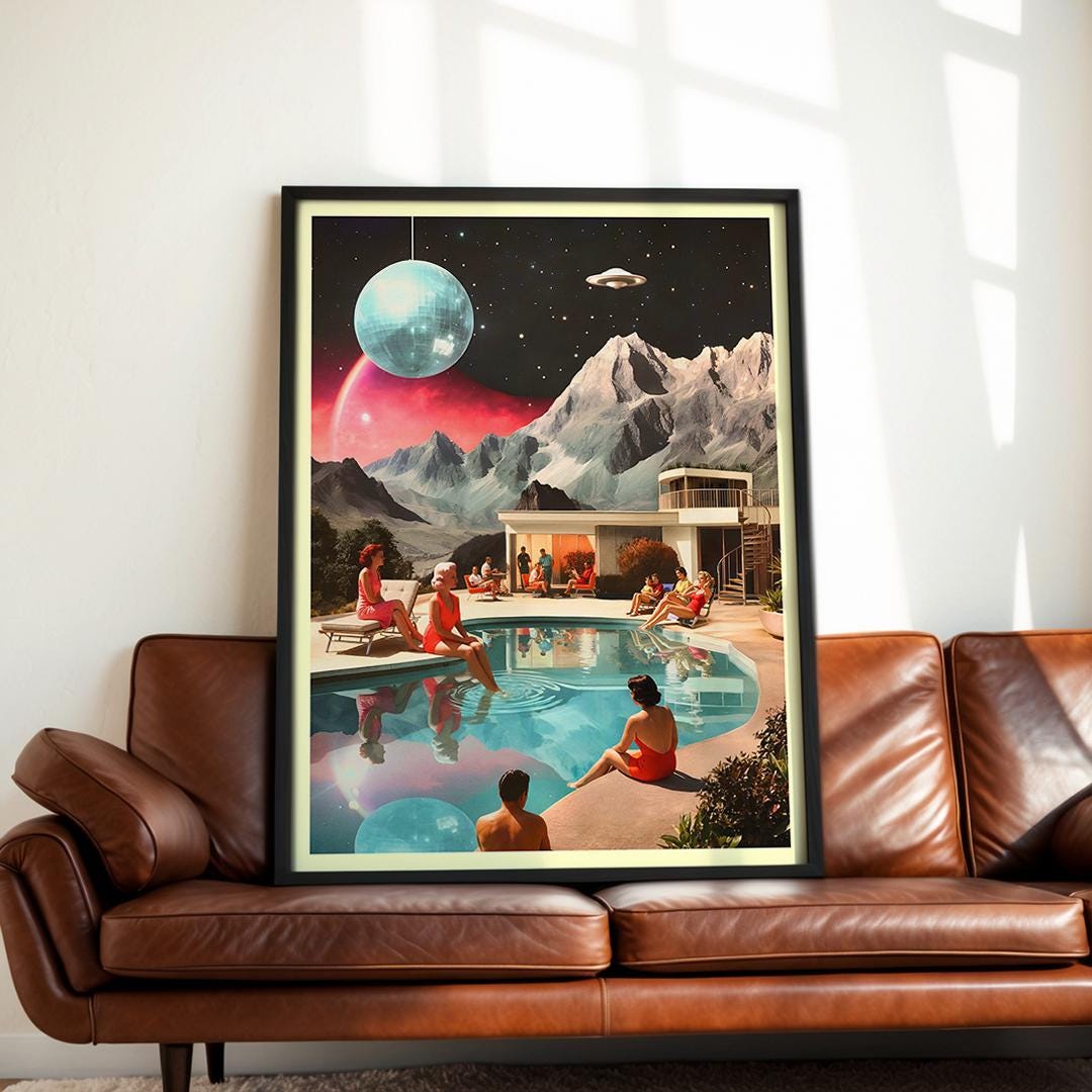 Retro Sci Fi Pool Party Poster – Vintage Surreal Space Collage Art ...