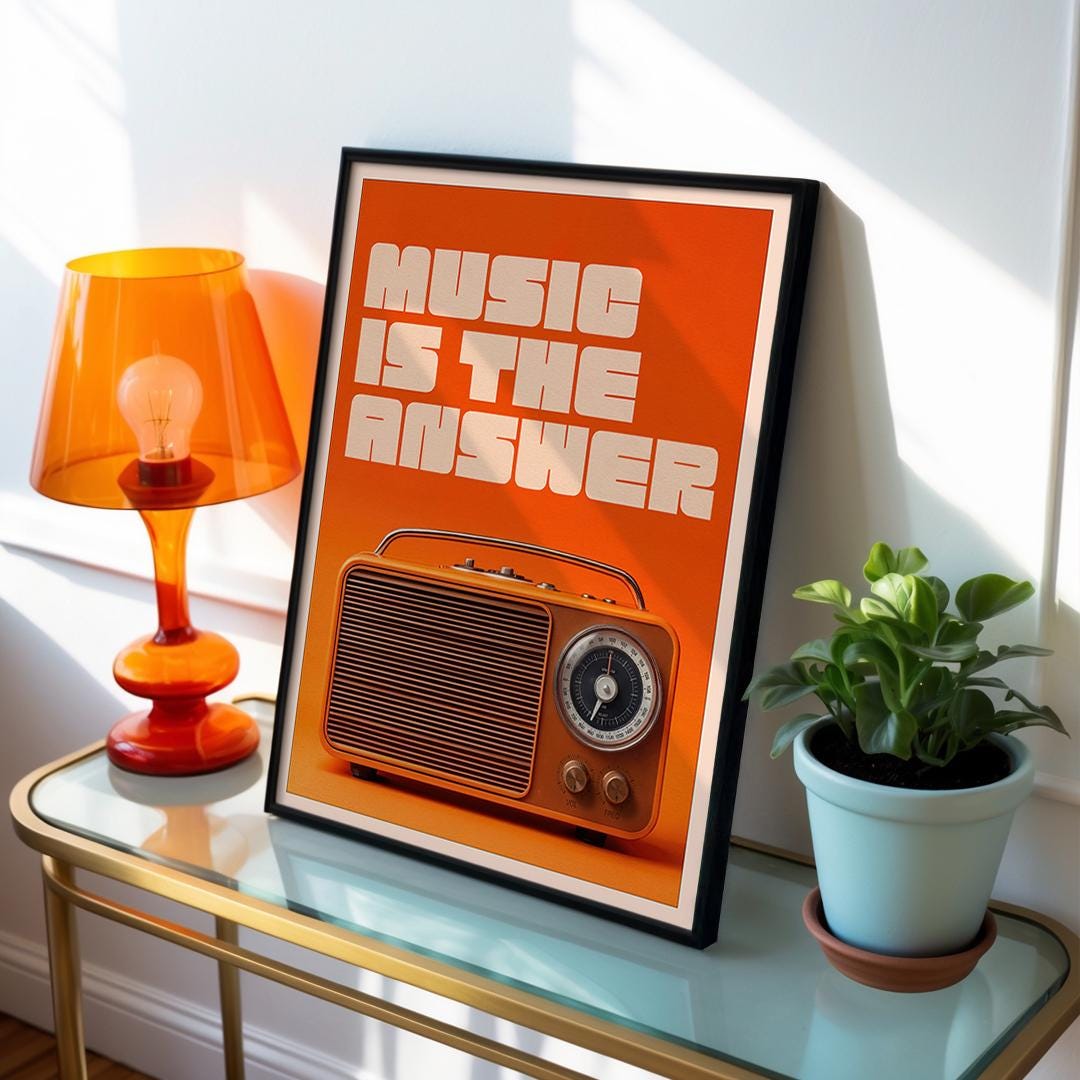 Music is the Answer Poster - Retro 70s FM Radio Wall Art, Bold Orange ...