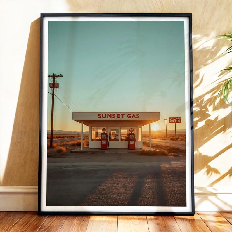 Sunset Gas Station Retro Poster – Vintage Route 66 Wall Art Print ...