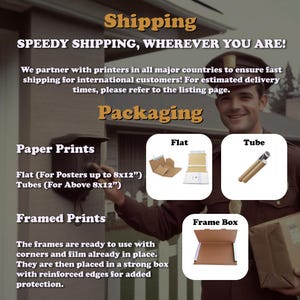 May include: Image detailing shipping and packaging options. Text includes "SPEEDY SHIPPING, WHEREVER YOU ARE!" and descriptions of flat, tube, and frame box packaging for prints. A postal worker is in the background.