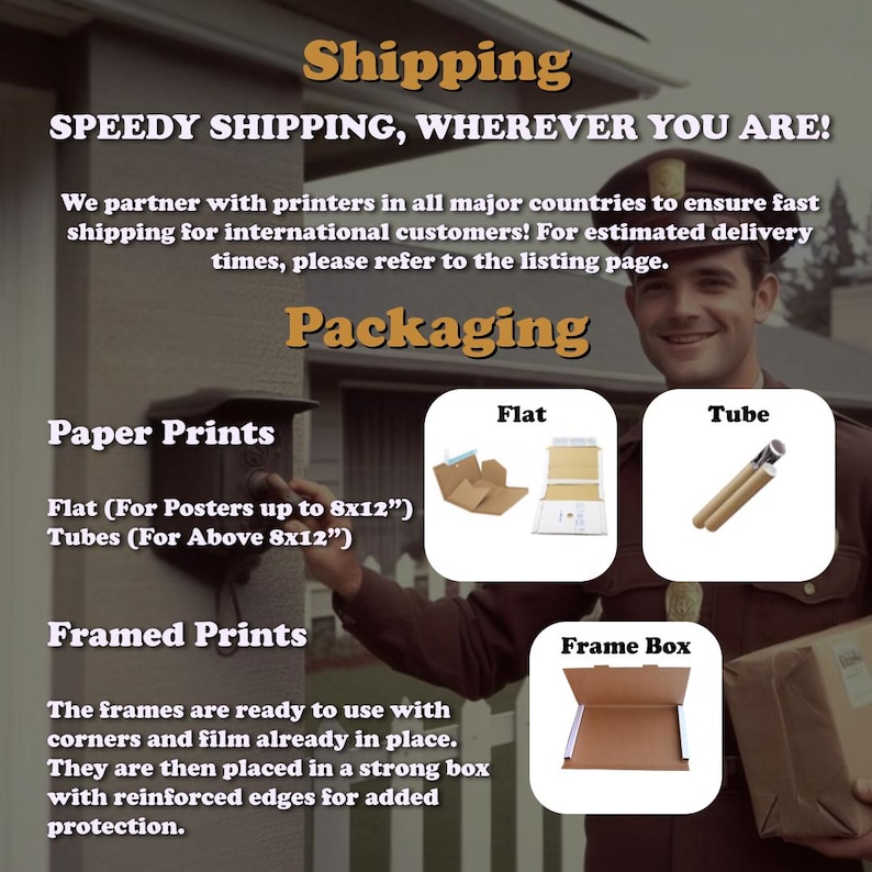 May include: Image detailing shipping and packaging options. Text includes "SPEEDY SHIPPING, WHEREVER YOU ARE!" and descriptions of flat, tube, and frame box packaging for prints. A postal worker is in the background.