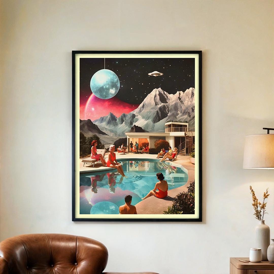 Retro Sci Fi Pool Party Poster – Vintage Surreal Space Collage Art ...