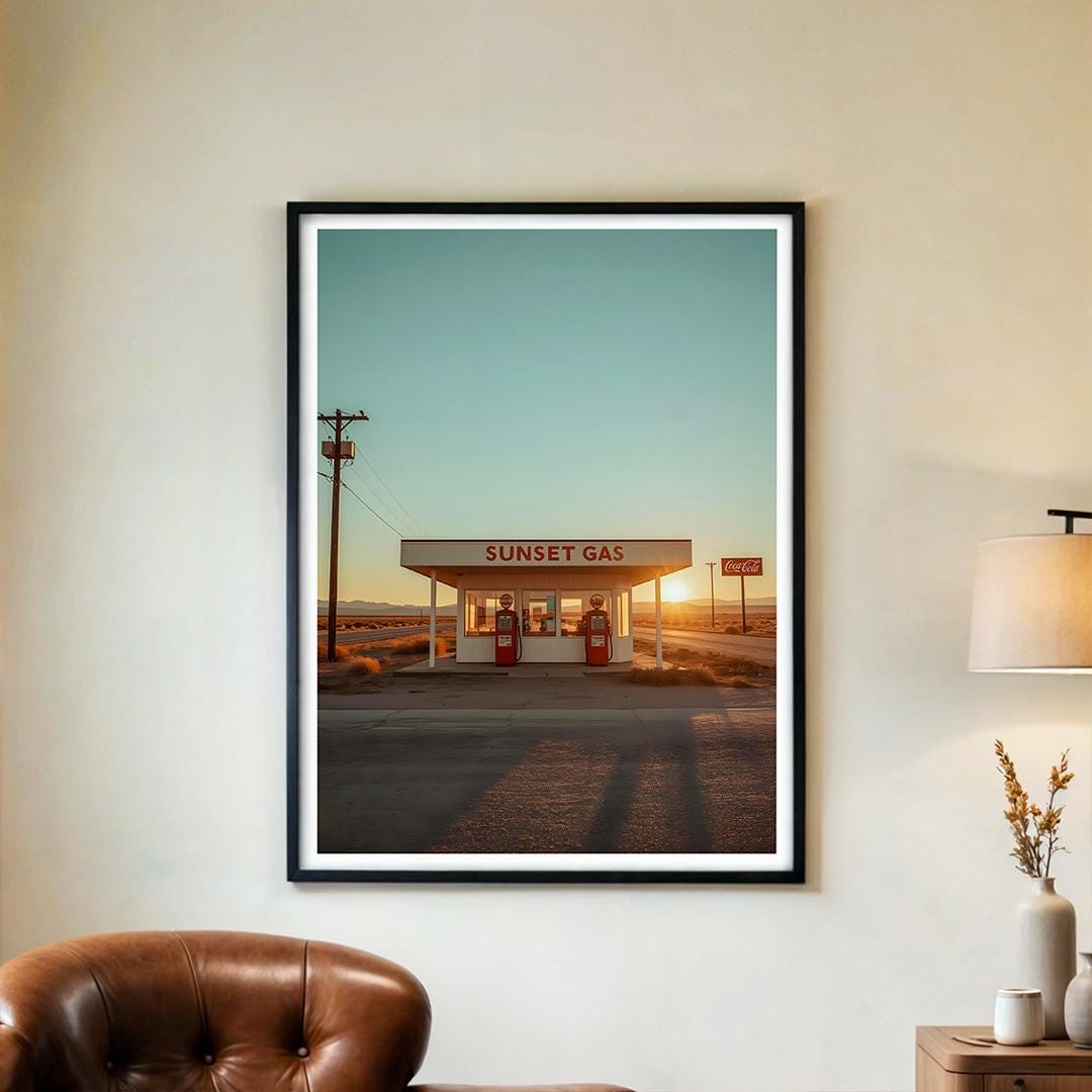Sunset Gas Station Retro Poster – Vintage Route 66 Wall Art Print ...