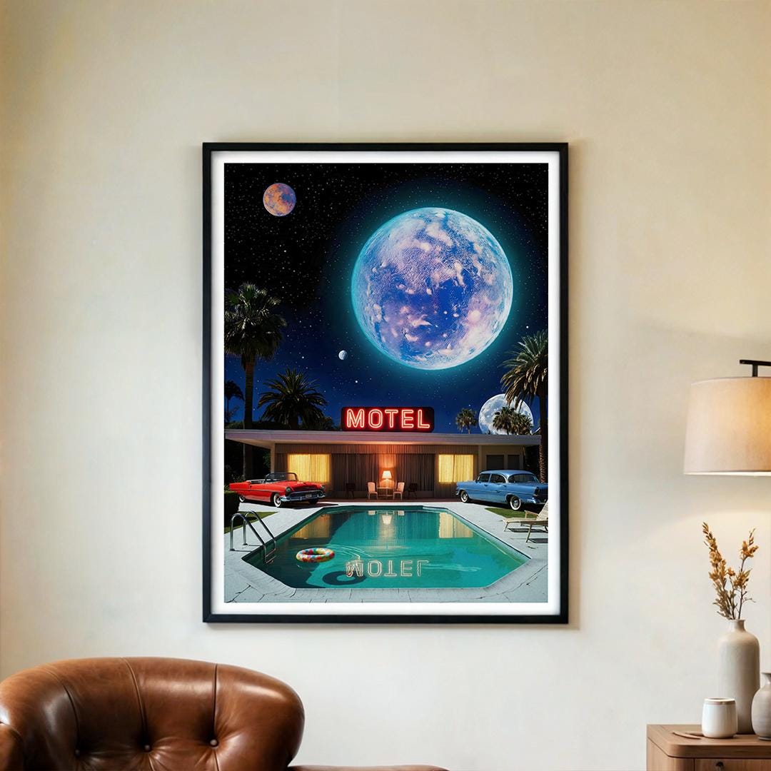 Retro Space Motel Poster – Vintage Sci Fi Travel Art, Surreal Cosmic ...