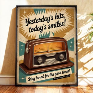 May include: Vintage-style poster featuring a brown radio with a yellow dial. The poster has the text "Yesterday's hits, today's smiles!" and "Stay tuned for the good times!" in a retro font. The background is beige and teal.