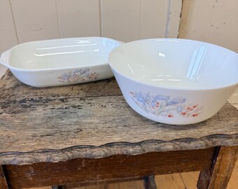 Vintage Pyrex England Milk Glass Bowls Blue Floral Serving Set