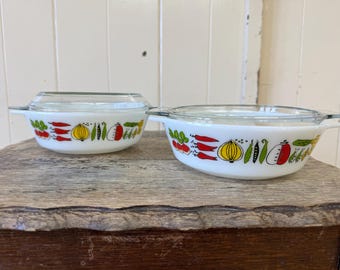 Pair of Vintage JAJ Pyrex Casserole Dishes with Lids – 1970s Vegetable Design