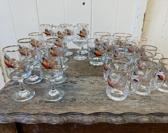 Vintage pheasant glassware set – mixed glasses with gold rim
