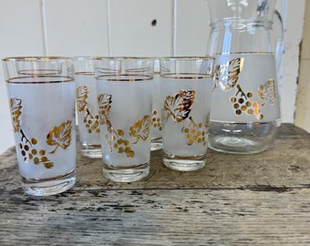 Vintage French glass jug and 6 glasses set – frosted with gold leaf motif
