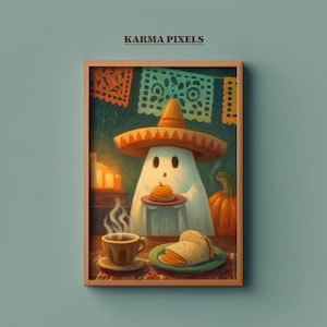 Ghost In Sombrero Print | Mexican Café de Olla Coffee Art | Ghost Holding Concha | Mexican Kitchen Wall Decor | Halloween Printable | #WA28