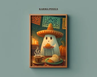 May include: A framed print featuring a ghost wearing a sombrero, holding a small pumpkin and a plate of food. A cup of coffee and a pumpkin are on the table. The image has the text "KARMA PIXELS" at the top.