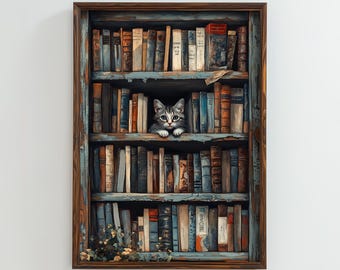 Cat in Bookshelf Digital Print, Whimsical Reading Corner Wall Art Download, Vintage Cat Poster, Bookish Home Decor, Reading Nook Printable