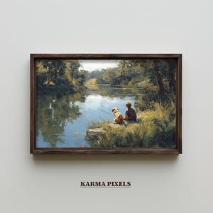 Boy Fishing with Dog Wall Art | Vintage Lake Cabin Nursery Wall Art | Boys Room Country Decor | Digital Download | #WA109