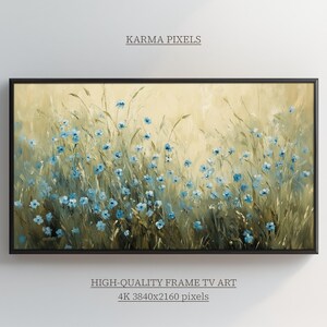 May include: A painting of a field of blue wildflowers in a black frame. The background is a soft yellow color. The painting is 3840x2160 pixels.