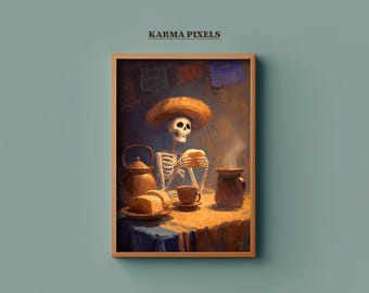 Skeleton Cafecito Print | Mexican Café de Olla Coffee Art | Skeleton Holding Concha | Mexican Kitchen Wall Decor | Halloween Art | #WA28
