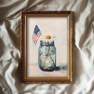 Daisy and American Flag Printable Art, Independence Day Wall Print, Summer American Cottagecore Decor, Farmhouse Digital Download