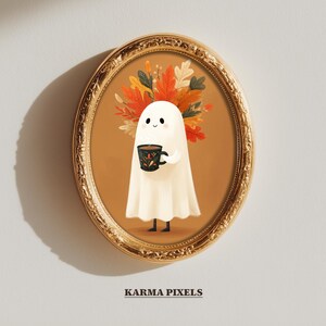 Ghost In Leaf Crown Print | Mexican Café de Olla Coffee Art | Ghost Holding Talavera Mug | Mexican Kitchen Wall Decor | #WA113