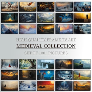 May include: A collection of framed art prints featuring medieval fantasy scenes. The artwork includes dragons, castles, and figures in various landscapes. The text reads "HIGH-QUALITY FRAME TV ART MEDIEVAL COLLECTION SET OF 100+ PICTURES."