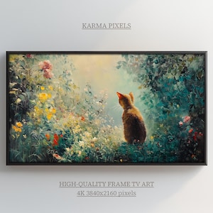 Cat in Flower Garden Frame TV Art, Moody Vintage Nature Oil Painting, Rustic Country Floral Decor, Cottagecore Spring Screensaver | TV20