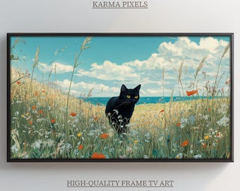 Black Cat in Wildflower Field Frame TV Art, Moody Vintage Landscape Oil Painting, Rustic Meadow Decor, Cottagecore Nature Screensaver | TV22
