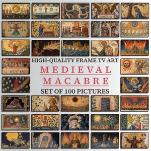 Puede incluir: Un collage de 100 pinturas medievales macabras dispuestas en una cuadrícula. Las pinturas son de estilo gótico oscuro y representan escenas de muerte, infierno y más allá. El texto "HIGH-QUALITY FRAME TV ART MEDIEVAL MACABRE SET OF 100 PICTURES" se muestra en el centro de la imagen.