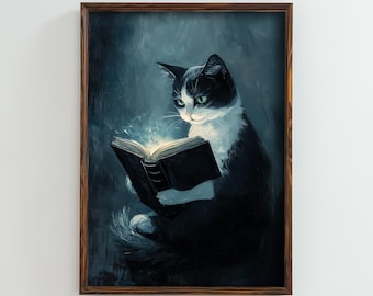 Magical Reading Cat Digital Print, Black and White Cat Oil Printable Painting, Whimsical Librariancore Wall Art, Vintage Bookish Decor