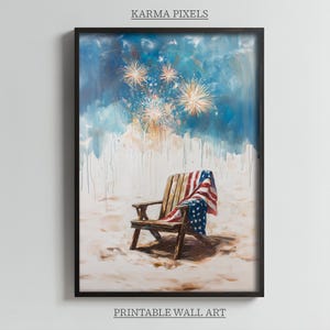 Fireworks and American Flag Printable Art, 4th of July Wall Decor, Patriotic Chair Scene Digital Download, Independence Day Print