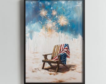 Fireworks and American Flag Printable Art, 4th of July Wall Decor, Patriotic Chair Scene Digital Download, Independence Day Print